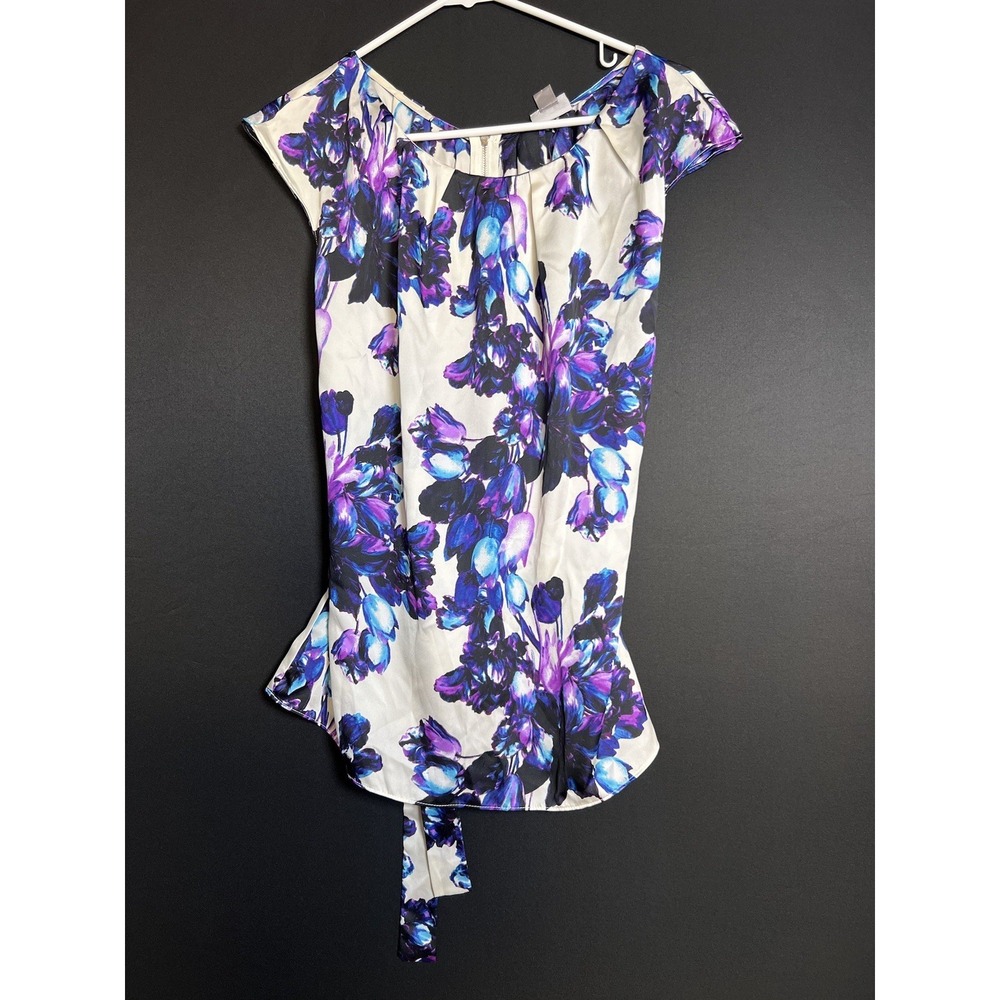 Worthington White Purple Blue Floral Blouse L Cap Sleeve Zip Back Tie